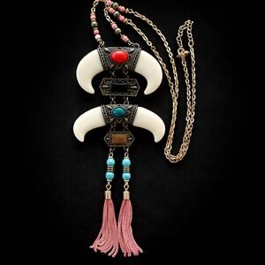 Tribal Boho Statement Necklace Tassel Southwestern Gold Tone Pink Stone